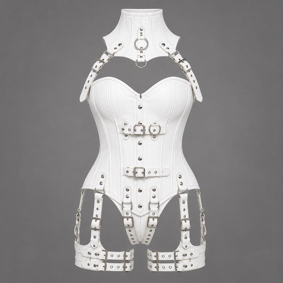 White Leather Corset Harness Bodysuit, Gothic Buckle Lingerie