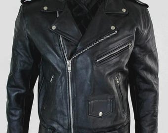 Chaqueta de cuero negra estilo motero para hombre – Abrigo clásico con cremallera estilo Brando