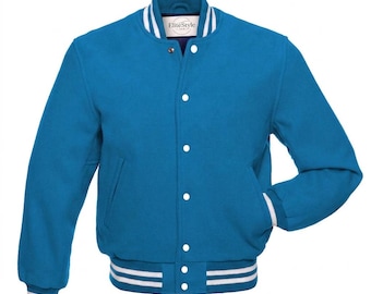 Chaqueta universitaria de lana para hombre, bomber estilo Letterman azul cian, estilo clásico universitario.