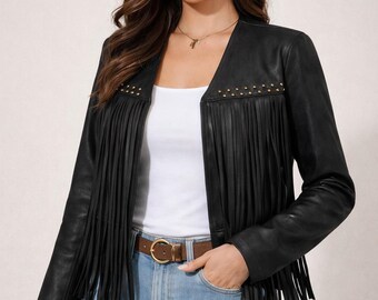 Veste à franges en cuir véritable pour femme, veste cloutée bohème western noire, style cow-girl