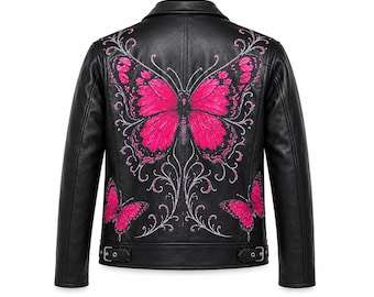 Chaqueta de cuero negra estilo motero, abrigo de motociclista con mariposa rosa pintada a mano, moda femenina.