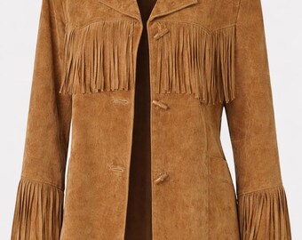 Chaqueta de cuero de ante marrón para mujer, estilo vaquera vintage con flecos estilo western