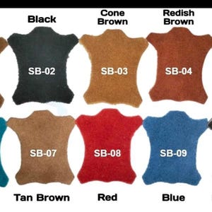 May include: A colour chart featuring ten leather swatches in various shades including brown, black, cone brown, reddish brown, beige white, teal, tan brown, red, blue, and dark grey. Each swatch is labelled with a code from SB-01 to SB-10.