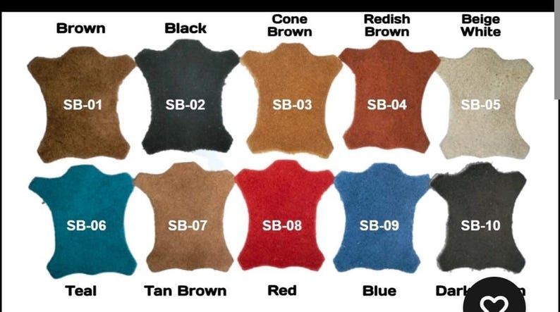 May include: A colour chart featuring ten leather swatches in various shades including brown, black, cone brown, reddish brown, beige white, teal, tan brown, red, blue, and dark grey. Each swatch is labelled with a code from SB-01 to SB-10.