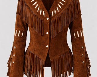 Chaqueta de gamuza marrón con flecos, chaqueta con cuentas color hueso, ropa vaquera estilo vintage, atuendo de vaquera para festival