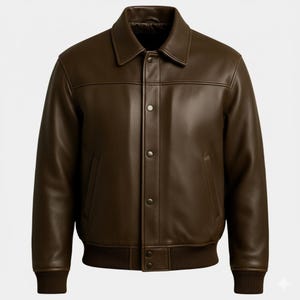 May include: A brown leather jacket with a classic collar and button-up front. The jacket features a ribbed hem and cuffs, and two front pockets. The jacket is a medium brown color.