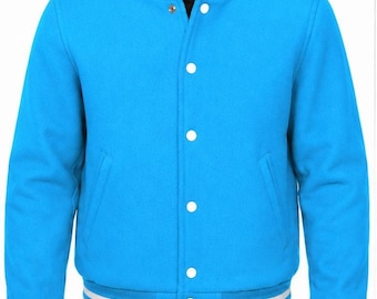 Chaqueta universitaria de lana para hombre / Chaqueta bomber estilo Letterman, azul cielo.