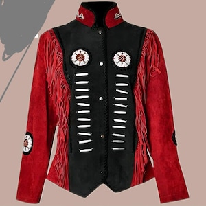 May include: A black and red suede jacket with fringe and decorative beading. The jacket has a high collar, button closures, and white stitching details. The sleeves are red with fringe, and the front is black with white stitching and beaded accents.