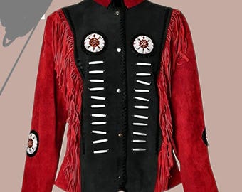 Women's Western Suede Leather Jacket Fringe Jacket Red & Black Beaded Cowgirl Style Coat