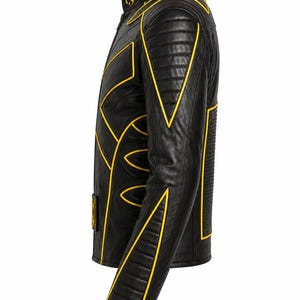 May include: Black leather jacket with yellow geometric detailing. The jacket has a stand-up collar, quilted shoulder panels, and distinctive yellow designs on the front and sleeves. A circular yellow emblem is visible on the chest.
