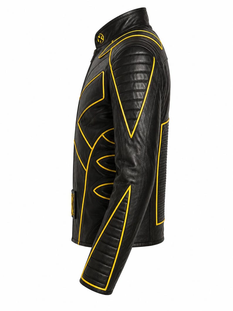 May include: Black leather jacket with yellow geometric detailing. The jacket has a stand-up collar, quilted shoulder panels, and distinctive yellow designs on the front and sleeves. A circular yellow emblem is visible on the chest.