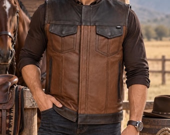 May include: A sleeveless leather vest featuring a two-tone design with dark brown panels on the shoulders and hem, and a lighter brown perforated leather center. The vest includes two chest pockets with flaps and a central zipper closure.