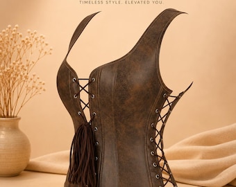 Top corsé de cuero marrón, corpiño gótico renacentista con cordones, chaleco steampunk para festivales.