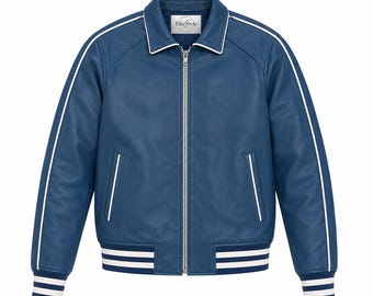 Chaqueta bomber de cuero azul, estilo universitario vintage de carreras, ribetes en contraste, regalo para él.