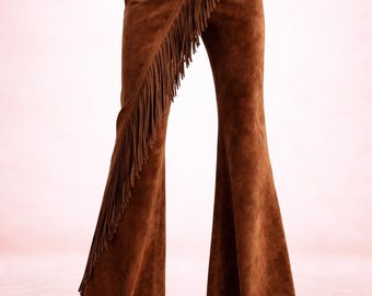 Pantalon évasé à franges pour femme, pantalon bohème western à cloche, pantalon taille haute en imitation daim