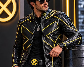May include: Black leather jacket with yellow detailing and a matching belt with a yellow emblem. The jacket has a quilted design and a zip closure. The person is wearing black trousers and sunglasses.