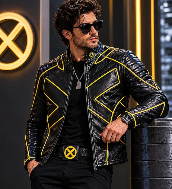 Wolverine Inspired Leather Jacket, Black Yellow X-Men Cosplay Biker Jacket
