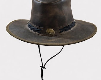 Sombrero vaquero vintage de cuero marrón, de ala ancha, estilo western, estilo rancho, festival.