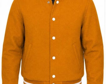 Chaqueta universitaria de lana color amarillo mostaza / Chaqueta bomber de béisbol estilo Letterman para hombre