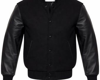 Chaqueta universitaria negra de lana con mangas de cuero para hombre, estilo bomber, chaqueta universitaria / Regalo para él