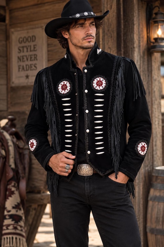 Men’s Black Suede Leather Jacket Cowboy Fringe Jacket Beaded Western Coat Country Concert Festival