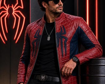 Chaqueta de cuero con estampado de red azul y rojo, abrigo de motociclista para cosplay de superhéroe