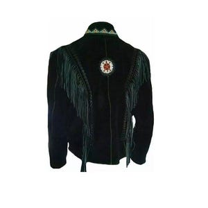 May include: A black jacket featuring long fringe detailing along the chest and shoulders. The garment includes a circular beaded emblem on the upper back and a decorative beaded pattern along the collar, showcasing intricate craftsmanship.
