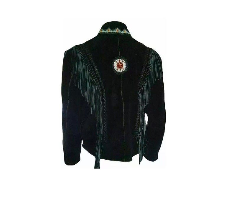 May include: A black jacket featuring long fringe detailing along the chest and shoulders. The garment includes a circular beaded emblem on the upper back and a decorative beaded pattern along the collar, showcasing intricate craftsmanship.