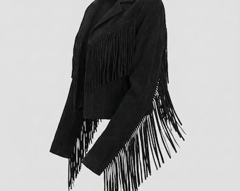 Chaqueta de cuero de ante con flecos para mujer, abrigo de vaquera negro con borlas, atuendo para festival, despedida de soltera estilo western