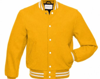 Chaqueta universitaria de lana para hombre – Chaqueta amarilla estilo bomber de béisbol clásica