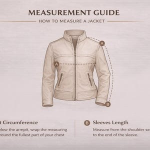 May include: Illustration of a beige jacket with measurement guide. Text reads "MEASUREMENT GUIDE HOW TO MEASURE A JACKET". Instructions for chest circumference and sleeve length are included. The jacket has a zipper and two pockets.