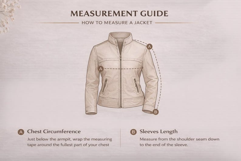 May include: Illustration of a beige jacket with measurement guide. Text reads "MEASUREMENT GUIDE HOW TO MEASURE A JACKET". Instructions for chest circumference and sleeve length are included. The jacket has a zipper and two pockets.
