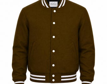 Chaqueta universitaria de lana marrón, bomber clásica estilo Letterman, estilo streetwear universitario.