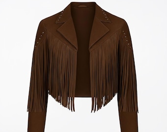 Chaqueta de cuero de ante con flecos para mujer, abrigo de vaquera marrón con borlas, atuendo para festival, despedida de soltera estilo western