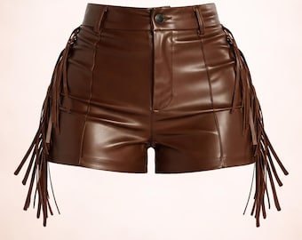 Shorts de cuero con flecos para mujer, estilo vaquero occidental, con borlas, ideales para festivales.