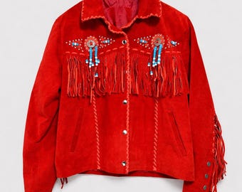 Chaqueta de gamuza roja con flecos para mujer, abrigo vaquero con cuentas estilo western, chaqueta de cuero estilo bohemio estilo suroeste.