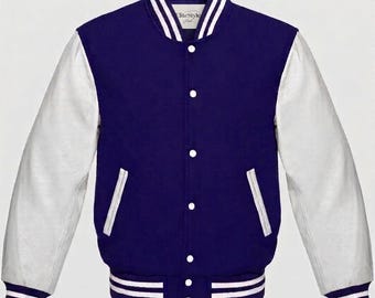 Chaqueta bomber de béisbol universitaria para hombre, color azul marino, de lana y con mangas de cuero genuino blanco.