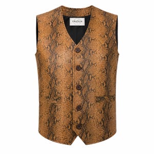 May include: A sleeveless vest featuring a brown and black snakeskin pattern. The garment has a V-neckline, a five-button front closure, and two front welt pockets. A white label with the text EliteStyle is sewn inside the black inner lining.