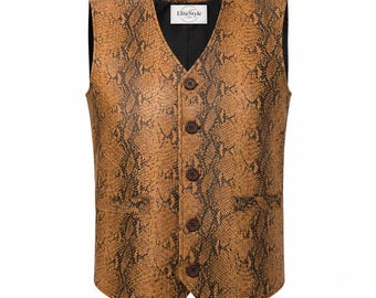 Chaleco de piel marrón con estampado de pitón, chaleco de piel de serpiente para hombre, estilo motero western.