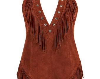 Robe dos nu en daim marron à franges, tenue western cowboy bohème festival