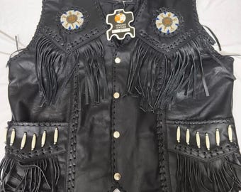 Men's Genuine Leather Vest Beaded Western Biker Cowboy Style Fringe Vest