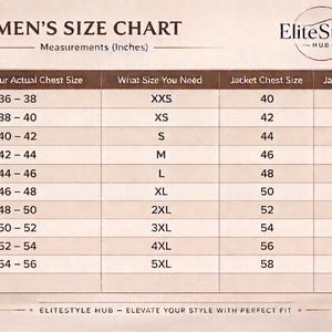 May include: A men's jacket size chart with measurements in inches. The chart shows chest size, jacket size, and sleeve length. The EliteStyle Hub logo is in the upper right corner.