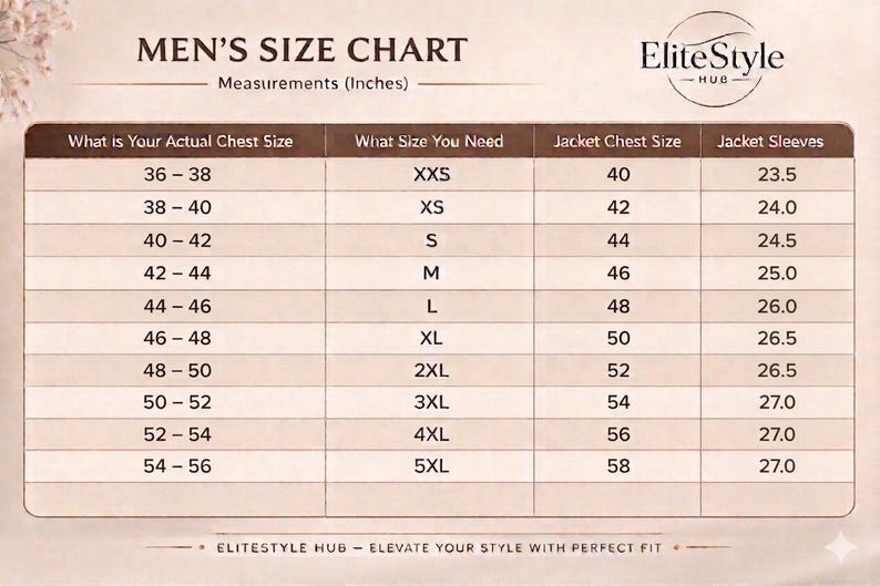May include: A men's jacket size chart with measurements in inches. The chart shows chest size, jacket size, and sleeve length. The EliteStyle Hub logo is in the upper right corner.