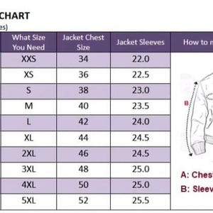 May include: Women's size chart with measurements in inches. The chart includes chest size, jacket size, and sleeve length, with a diagram illustrating how to measure chest circumference and sleeve length.