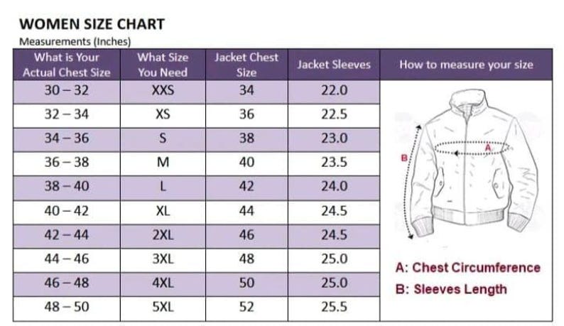 May include: Women's size chart with measurements in inches. The chart includes chest size, jacket size, and sleeve length, with a diagram illustrating how to measure chest circumference and sleeve length.