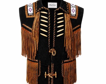 Débardeur homme en cuir suédé noir à franges, gilet western d'inspiration autochtone