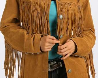 Blouson en cuir marron pour femme, à franges western, manteau en cuir de cow-girl vintage