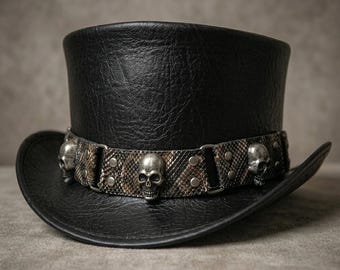 Black Leather Top Hat Skull Studded Gothic Steampunk Biker Western Festival Cosplay Statement Cap