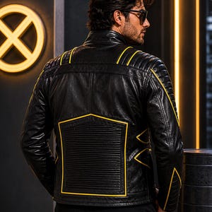 May include: Black leather jacket with yellow detailing. The jacket has a ribbed back panel and yellow trim along the seams. The design includes a high collar and a tailored fit, suitable for a stylish look.