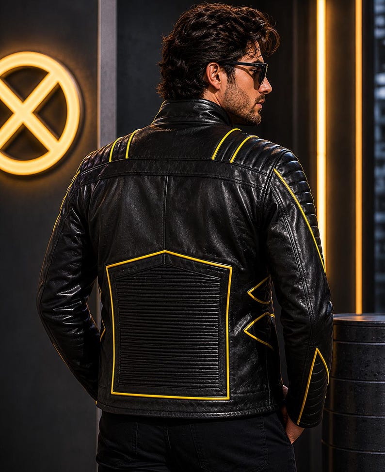 May include: Black leather jacket with yellow detailing. The jacket has a ribbed back panel and yellow trim along the seams. The design includes a high collar and a tailored fit, suitable for a stylish look.